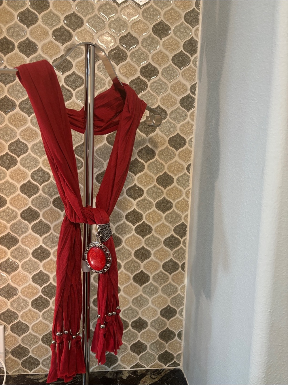 Red Women's Decorative Scarf with Ornamental Silver-Tone Accent
